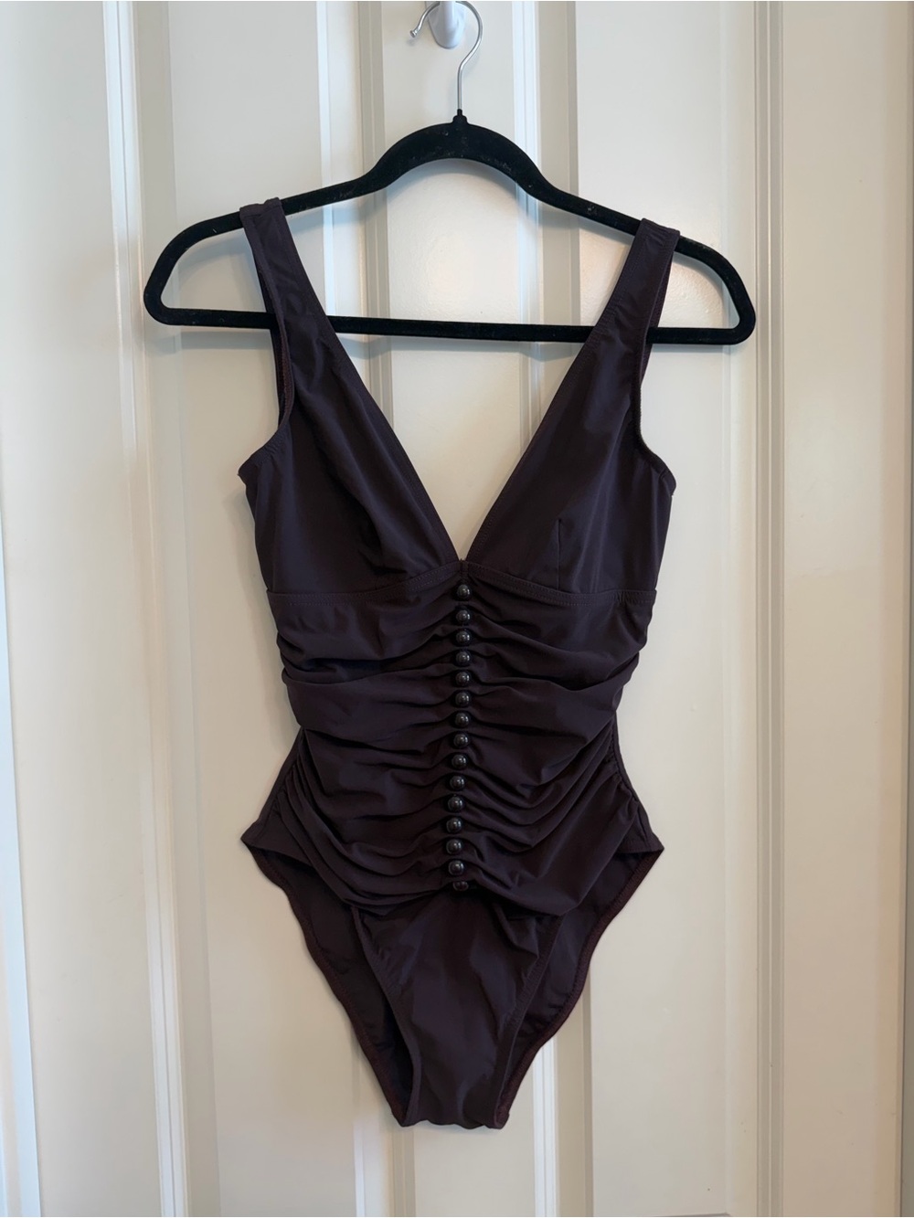 Karla Colletto Ruched One-Piece V-neck Swimsuit in Deep Plum